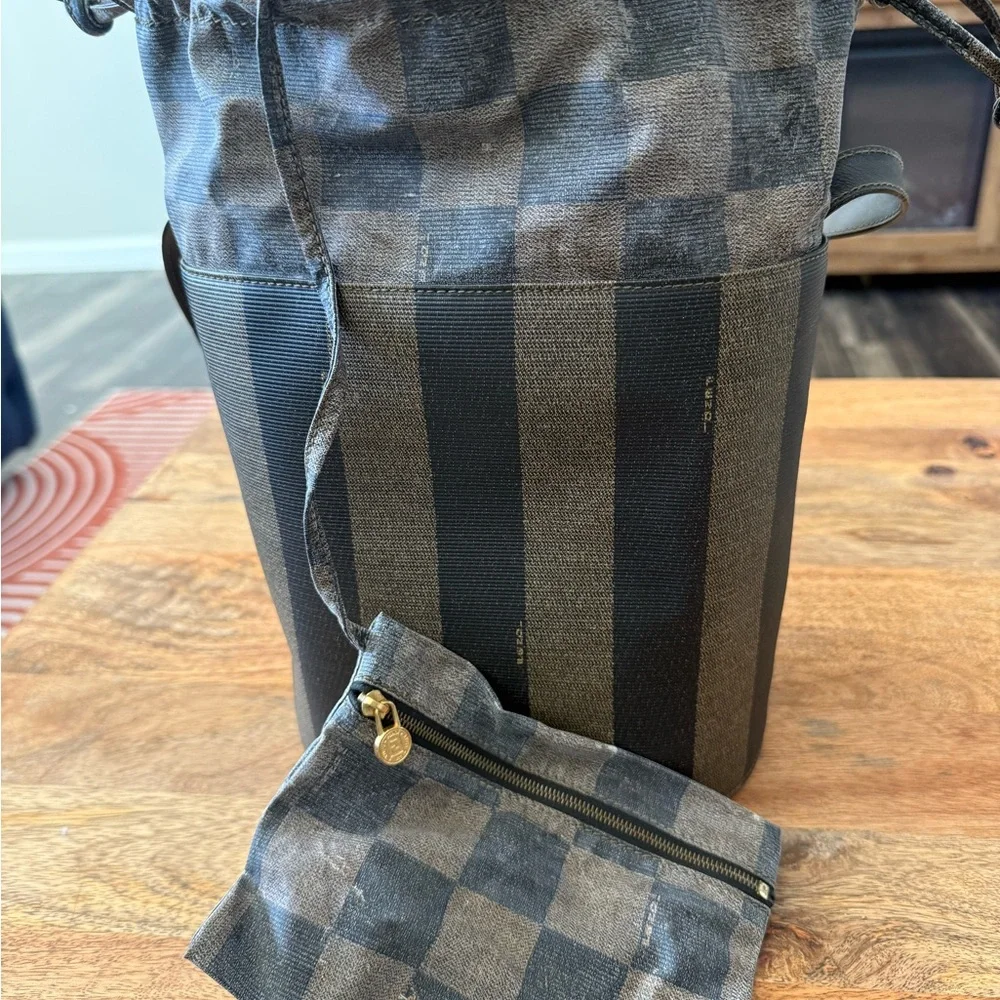 Vintage FENDI Pecan Canvas Shoulder Bag PVC Black Brown Auth